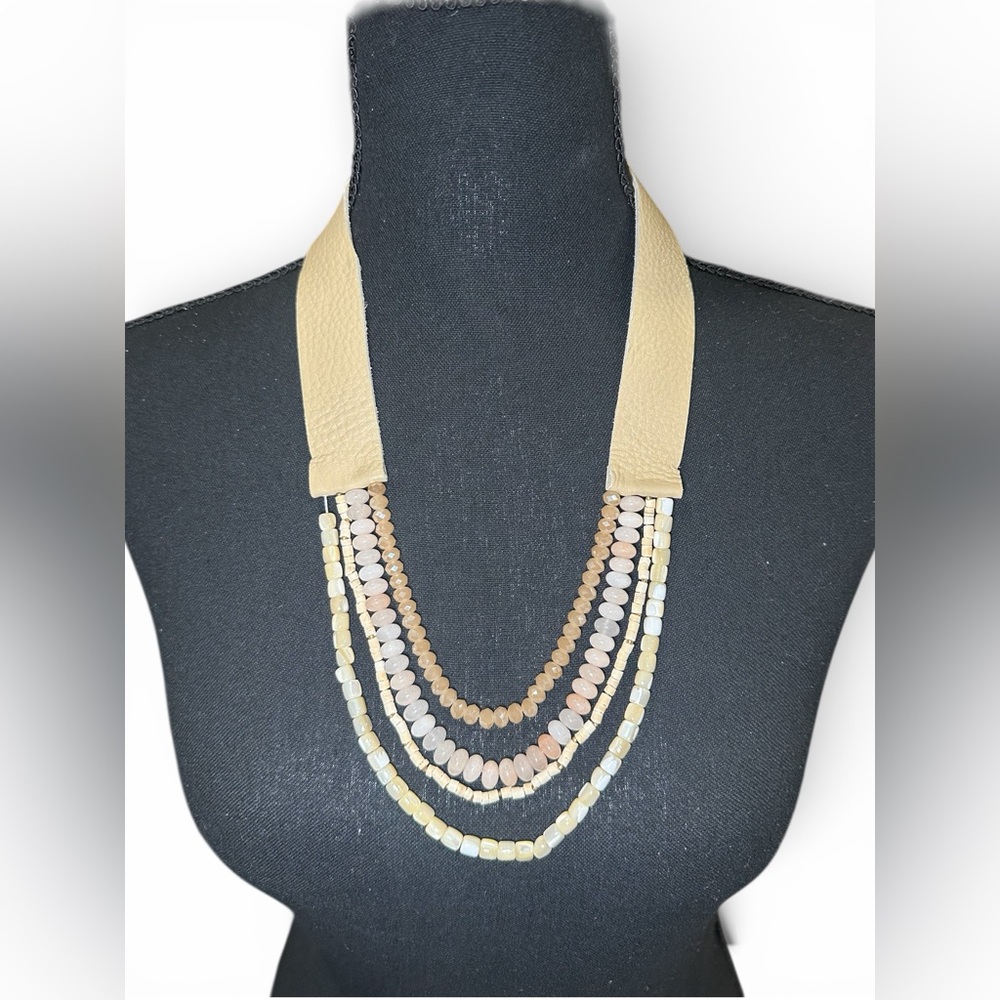 Neutral Layered Beaded Statement Necklace - Picture 2 of 6